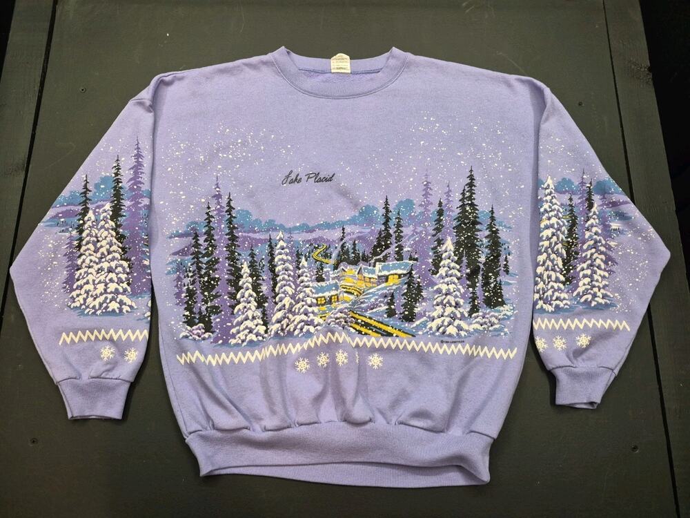 Vtg Womens Lifestyles Winter Holiday Sweatshirt XL Purple Lake Placid Puffpaint